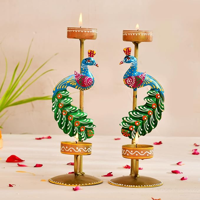 Metal Peacock Tealight Holders Set of 2 Handpainted for Diwali 2025 | 21.5cm Gold Indian Decor Gift